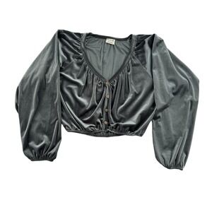 Peach Love California Grey Velvet Cropped Button Up Long Sleeve Top Size S Chic